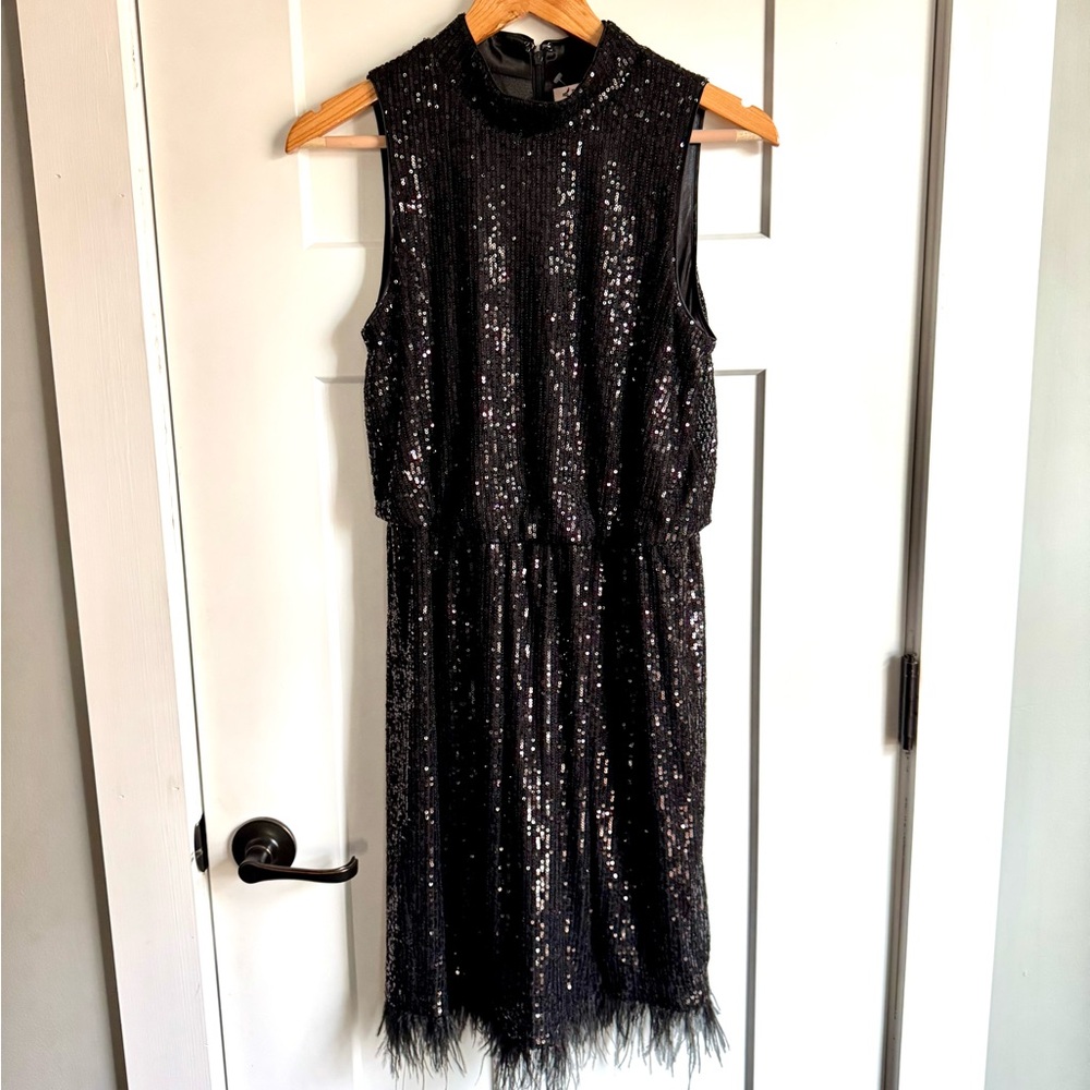 Nanette Lepore Black Sequin Sleeveless Dress with Feathers 8